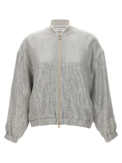 Shop Brunello Cucinelli Light Gray All-over Sequined Bomber Jacket In Linen Blend Woman
