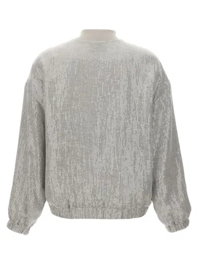 Shop Brunello Cucinelli Light Gray All-over Sequined Bomber Jacket In Linen Blend Woman