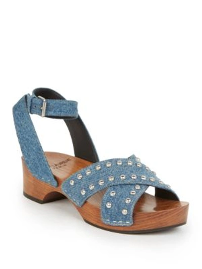 Shop Saint Laurent Studded Denim Clog Sandals In Light Blue