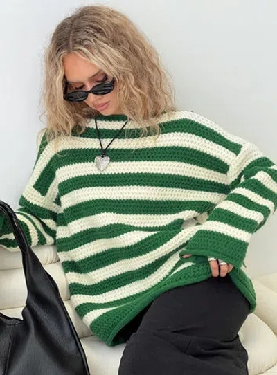Shop Princess Polly Brando Knit Sweater Green / Cream Stripe In Green/ Cream