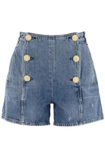Shop Balmain "striped Denim Shorts With Embossed Buttons In Blue