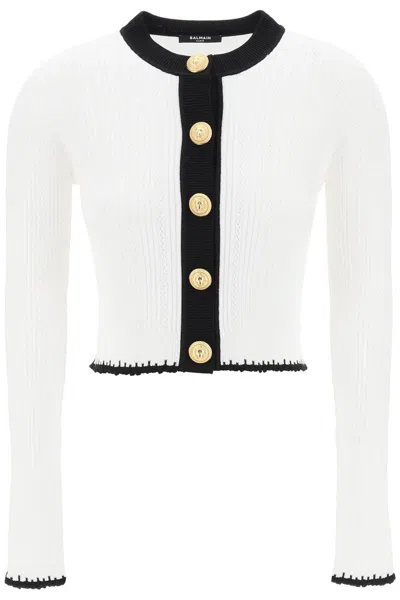 Shop Balmain Bicolor Knit Cardigan With Embossed Buttons In Multicolor