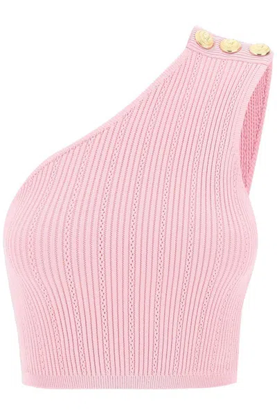 Shop Balmain One-shoulder Crop Top With Emb In Pink