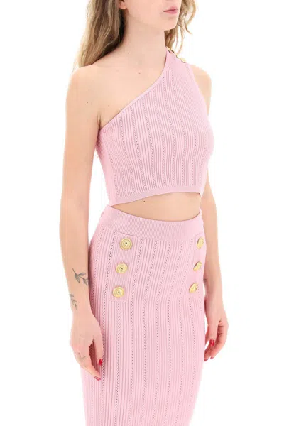 Shop Balmain One-shoulder Crop Top With Emb In Pink