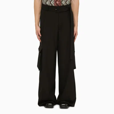 Shop Dries Van Noten Black Wool Wide Trousers With Belt In Multicolor
