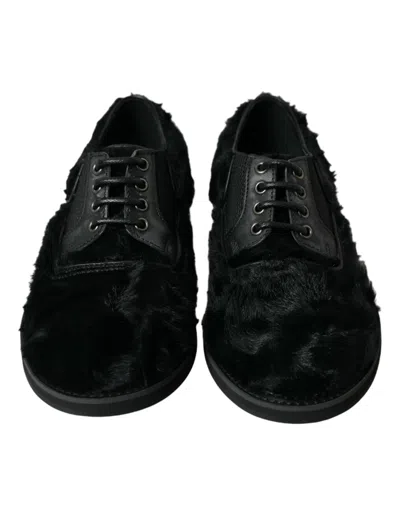 Shop Dolce & Gabbana Elegant Black Fur Derby Dress Shoes For Men's Men