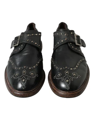 Shop Dolce & Gabbana Black Leather Monk Strap Studded Dress Men's Shoes