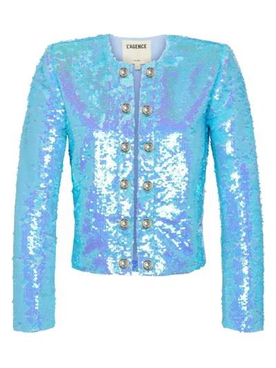 Shop L Agence Cerise Sequin Jacket In Cloud Blue