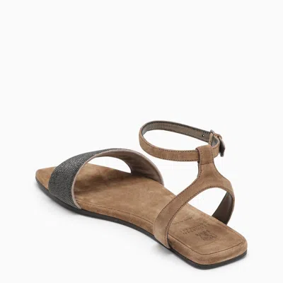Shop Brunello Cucinelli Brown Suede Sandal With Beads Women In Cream