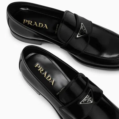Shop Prada Black Brushed Leather Loafers Men In Brown