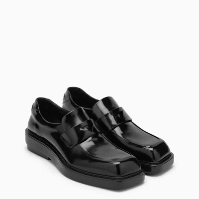 Shop Prada Black Brushed Leather Loafers Women