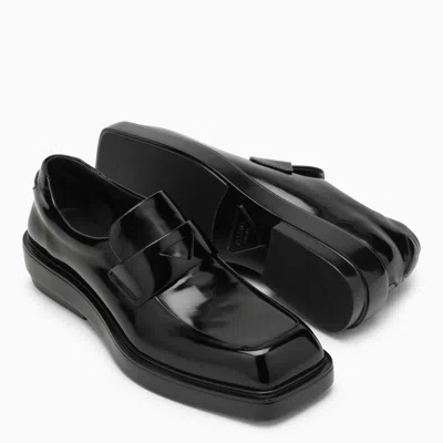Shop Prada Black Brushed Leather Loafers Women