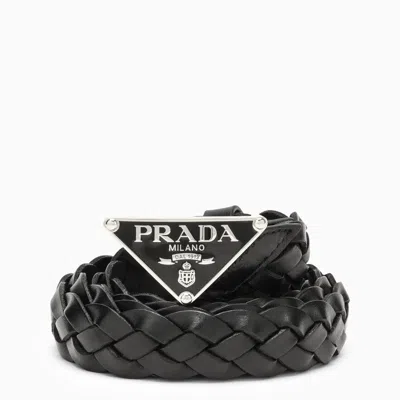 Shop Prada Black Logo Woven Leather Belt Men In Brown