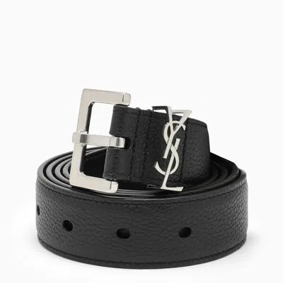 Shop Saint Laurent Black Cassandre Belt In Grained Leather Men