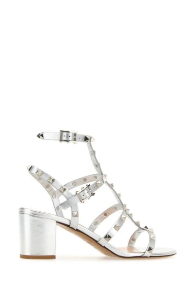 Shop Valentino Garavani Woman Silver Leather Rockstud Sandals