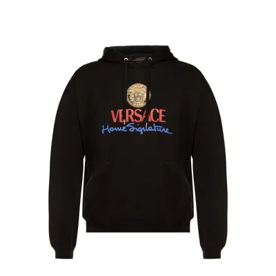 Shop Versace Logo Hooded Sweatshirt In Black