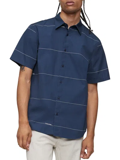 Shop Calvin Klein Mens Cotton Collared Button-down Shirt In Blue