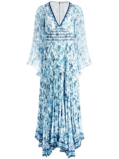 Shop Alice And Olivia Alice + Olivia Sion Floral Print Pleated Maxi Dress In Blue