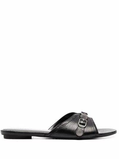 Shop Balenciaga Le Cagole Leather Flat Sandals In Black