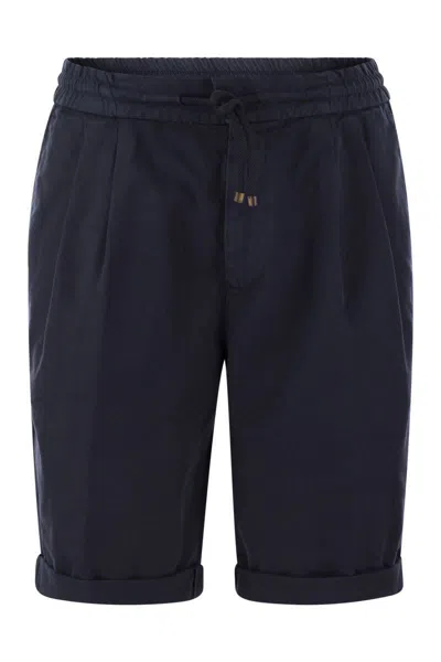 Shop Brunello Cucinelli Bermuda Shorts In Garment-dyed Cotton Gabardine With Drawstring And Double Darts In Blue