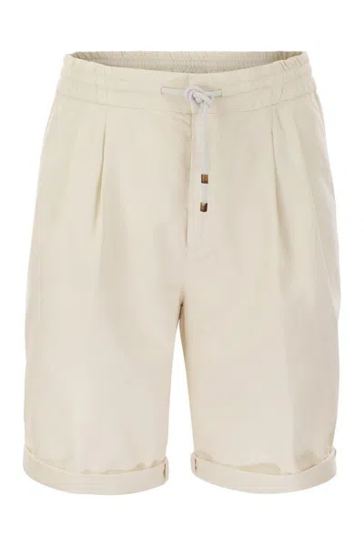 Shop Brunello Cucinelli Bermuda Shorts In Garment-dyed Cotton Gabardine With Drawstring And Double Darts In White