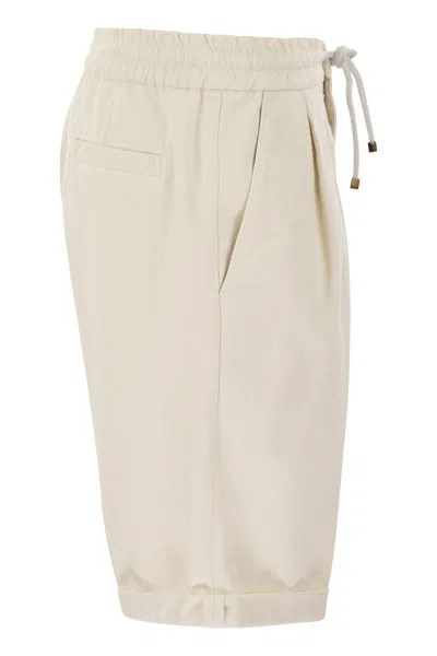 Shop Brunello Cucinelli Bermuda Shorts In Garment-dyed Cotton Gabardine With Drawstring And Double Darts In White