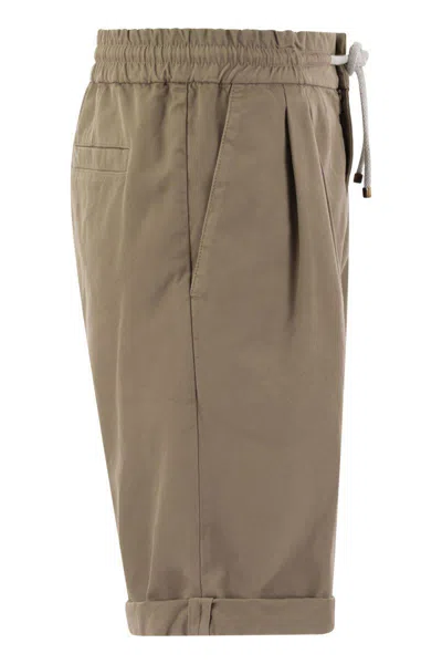 Shop Brunello Cucinelli Bermuda Shorts In Garment-dyed Cotton Gabardine With Drawstring And Double Darts In Rope