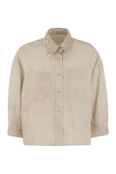 Shop Brunello Cucinelli Linen Linen Shirt With Dazzling Magnolia Collar In Natural