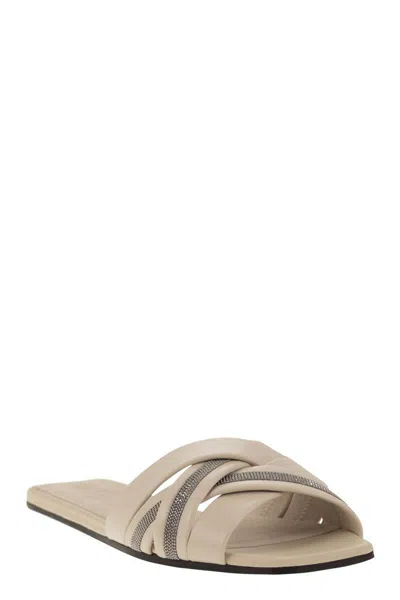 Shop Brunello Cucinelli Nappa Leather Slides With Jewellery In Ivory
