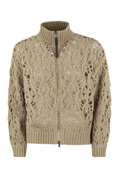 Shop Brunello Cucinelli Soft Feather Cotton Lace Stitch Cardigan With Precious Zipper Pull In Light Camel