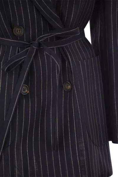 Shop Brunello Cucinelli Sparkling Stripe Cotton Gauze Jacket With Belt And Necklace In Night Blue