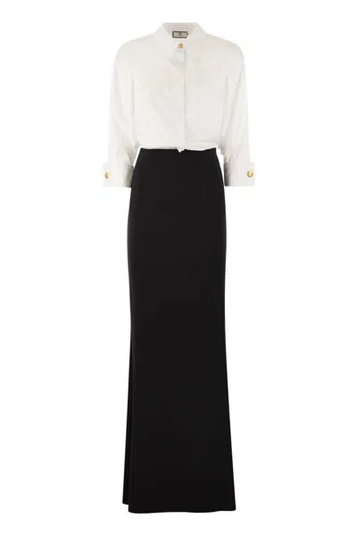 Shop Elisabetta Franchi Combined Red Carpet Dress In Cotton And Crepe In White/black
