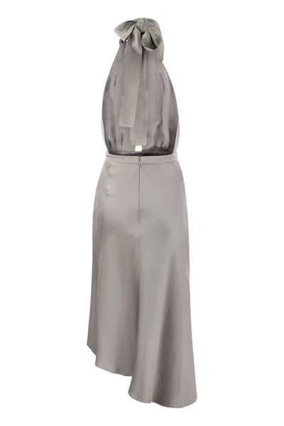 Shop Elisabetta Franchi Satin Midi Dress With Asymmetric Skirt In Silver