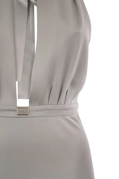 Shop Elisabetta Franchi Satin Midi Dress With Asymmetric Skirt In Silver