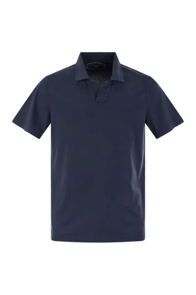 Shop Fedeli Cotton Polo Shirt With Open Collar In Blue