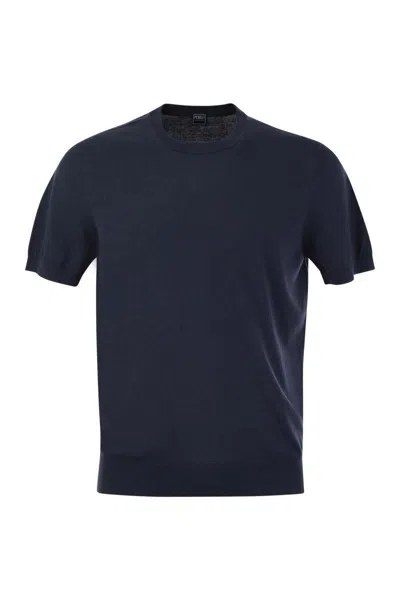 Fedeli Garment-dyed Black Crew-neck T-shirt In Organic Cotton In Blue