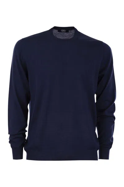 Shop Fedeli Crew-neck Sweater In Superfine Virgin Wool In Blue