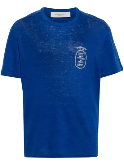 Shop Golden Goose Logo Print Linen T-shirt Clothing In Blue