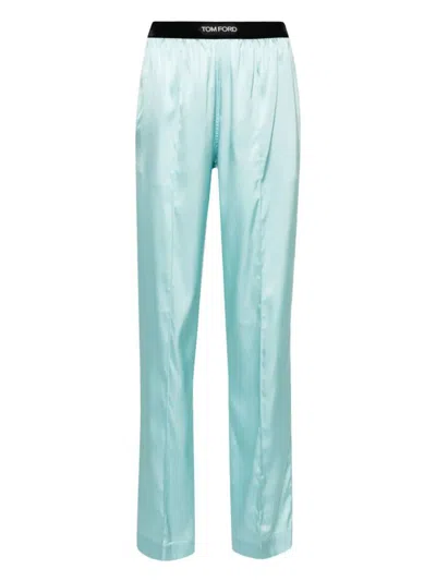 Shop Tom Ford Pleated Satin Pajama Pants In Blue