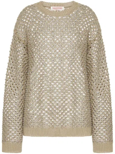 Shop Valentino Linen Open Knit Crewneck Sweater In Beige