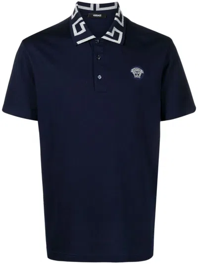 Shop Versace Greca Cotton Polo Shirt In Blue