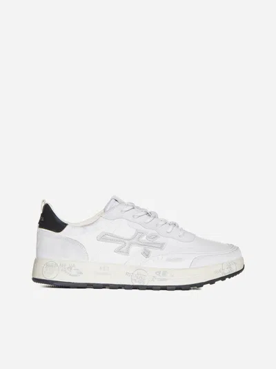 Shop Premiata Nous Leather And Suede Sneakers In White,grey