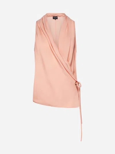 Shop Giorgio Armani Silk Wrap Top In Peach