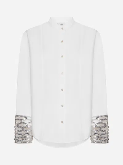 Shop Forte Forte Sequins Mesh Cuffs Cotton Shirt In White,silver