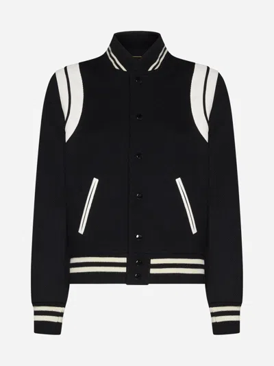 Shop Saint Laurent Teddy Wool Bomber Jacket In Black,ivory