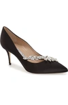 Manolo Blahnik Nadira 90 Satin Pumps With Crystal Leaf Embellishment In Black Satin