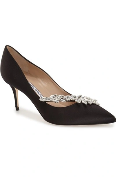 Manolo Blahnik Nadira 90 Satin Pumps With Crystal Leaf Embellishment In Black