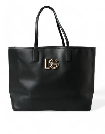 Shop Dolce & Gabbana Black Fefè Medium Leather Logo Tote Shopping Bag