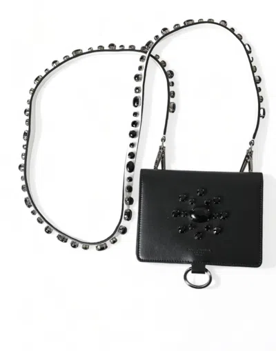 Shop Dolce & Gabbana Black Leather Crystal Embellished Card Holder Wallet