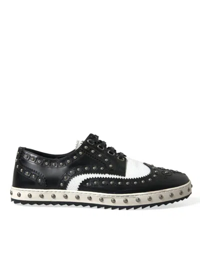 Shop Dolce & Gabbana Black White Studded Leather Sneakers Shoes